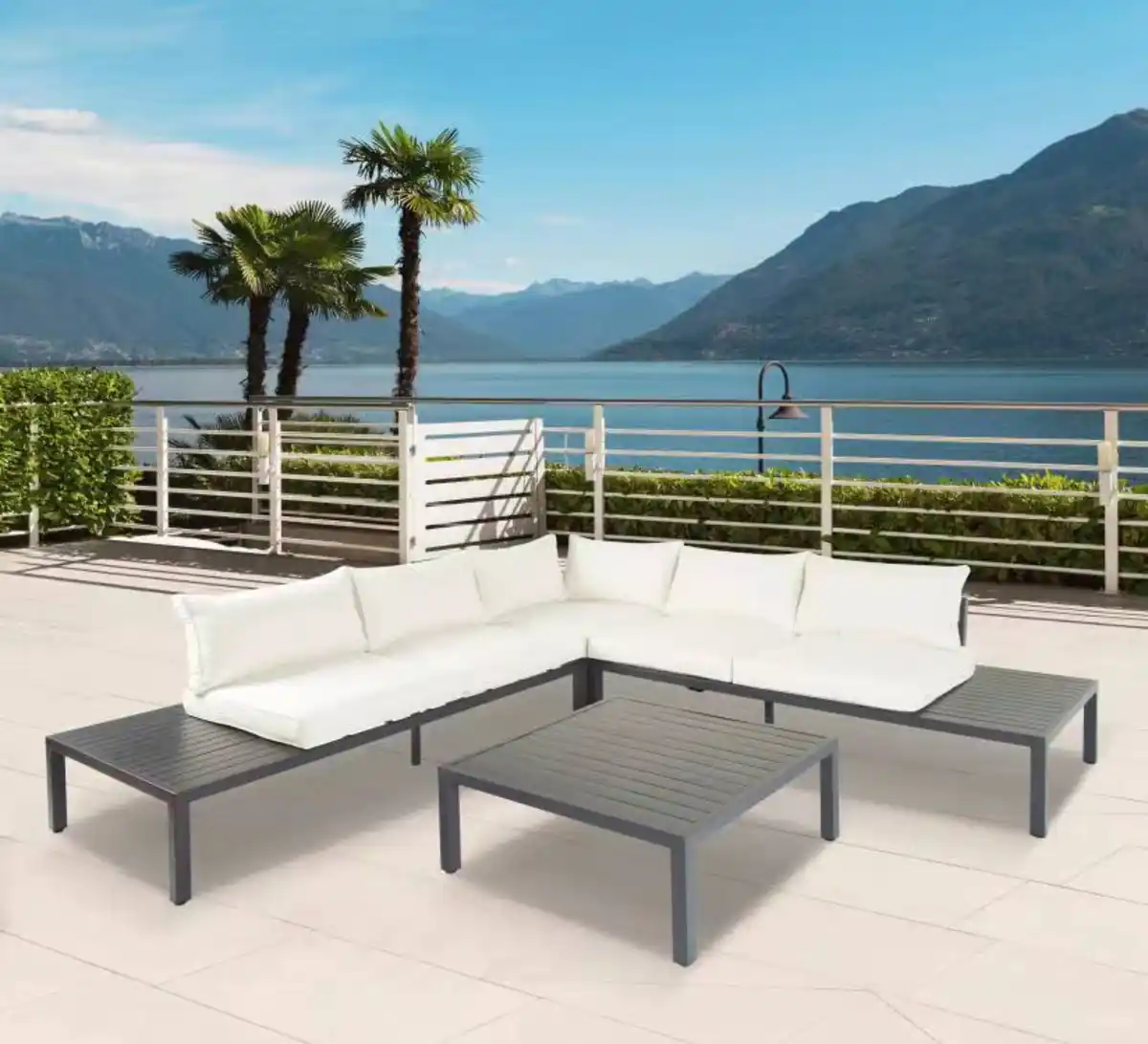 Bild 1 von Aluminium Eckloungeset 14 tlg. mit Tischablage & Polsterkissen schwarz / creme