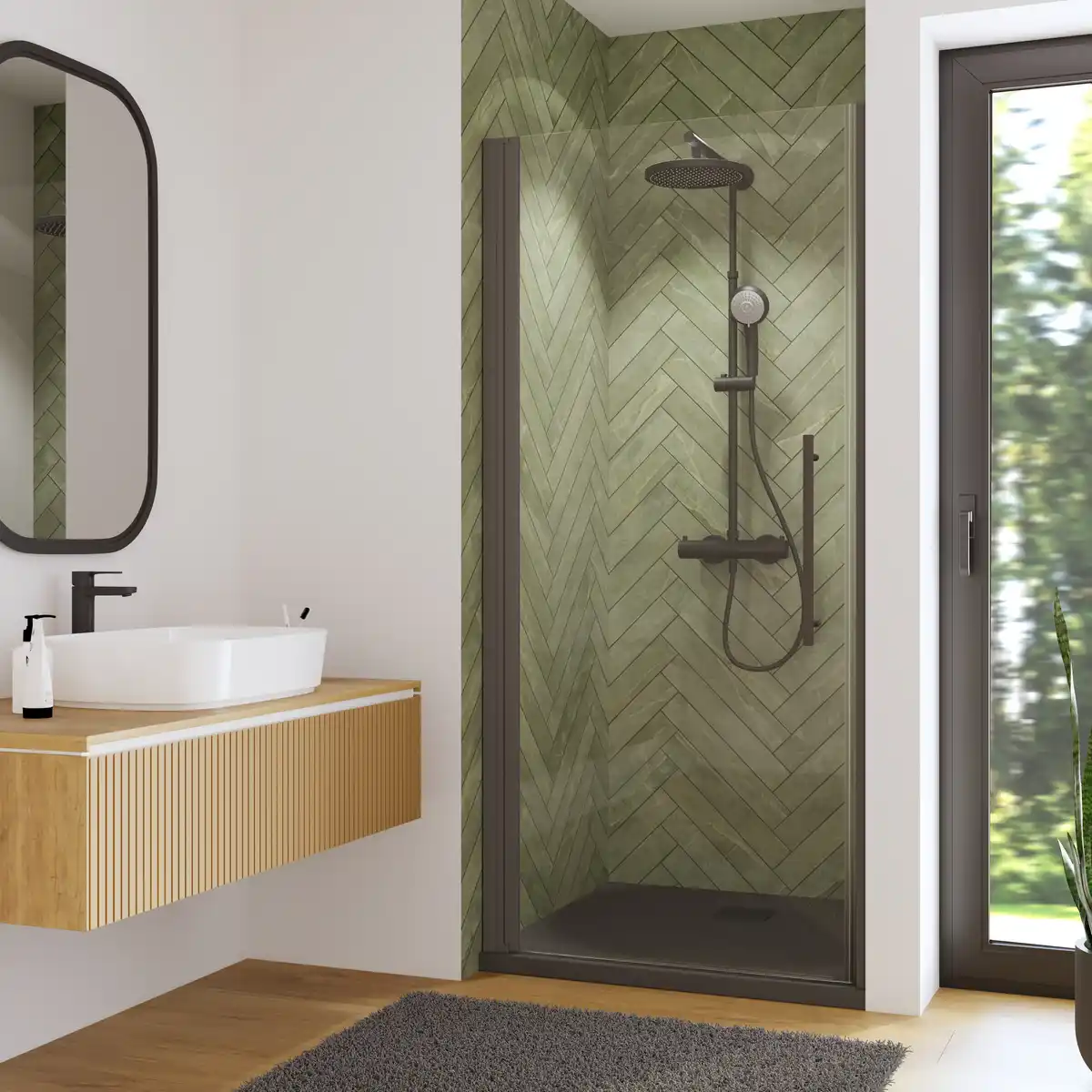 Bild 1 von Breuer Drehtür 'Beta' für Nische/Seitenwand, Klarglas CER+, rechts/links, schwarz matt, teilgerahmt, Sondermaß