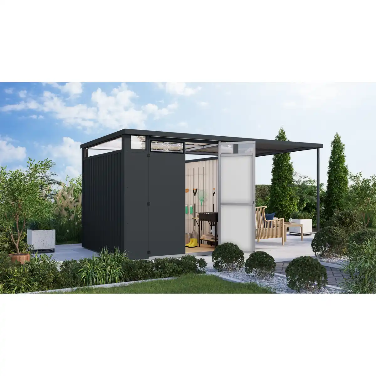 Bild 1 von Karibu Metallgerätehaus-Set 'Polaris 2' anthrazit 448 x 218 x 229,5 cm