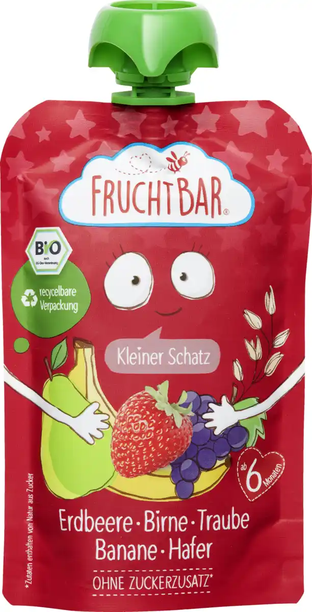Bild 1 von FruchtBar Bio Fruchtpüree Erdbeere, Birne, Traube, Banane und Hafer, 100 g