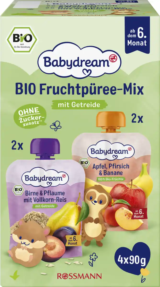 Bild 1 von Babydream Bio Fruchtpüree-Mix Apfel Pfirsich Banane + Birne Pflaume Reis, 360 g