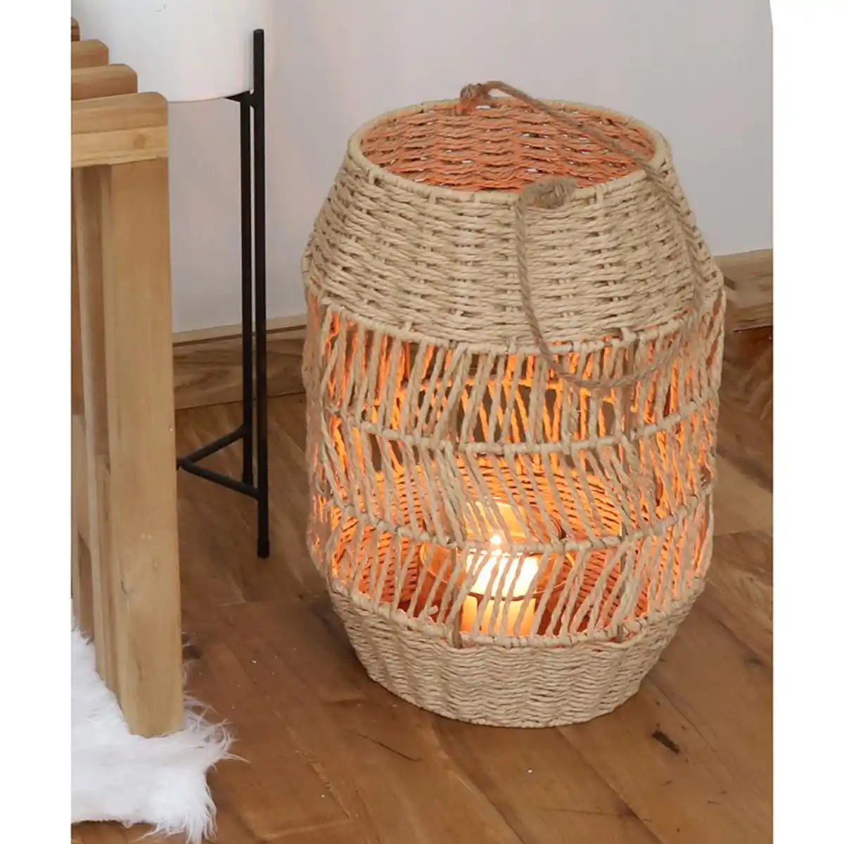 Bild 1 von Laterne aus Naturfaser mit Glaseinsatz 41cm