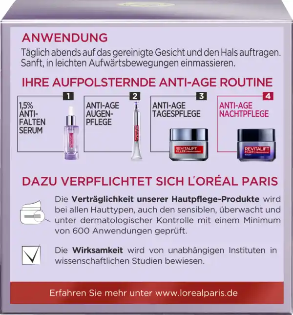 Bild 3 von L’Oréal Paris Revitalift Filler [+Hyaluronsäure] Intensiv Aufpolsternde Anti-Age Pflege Nacht, 50 ml