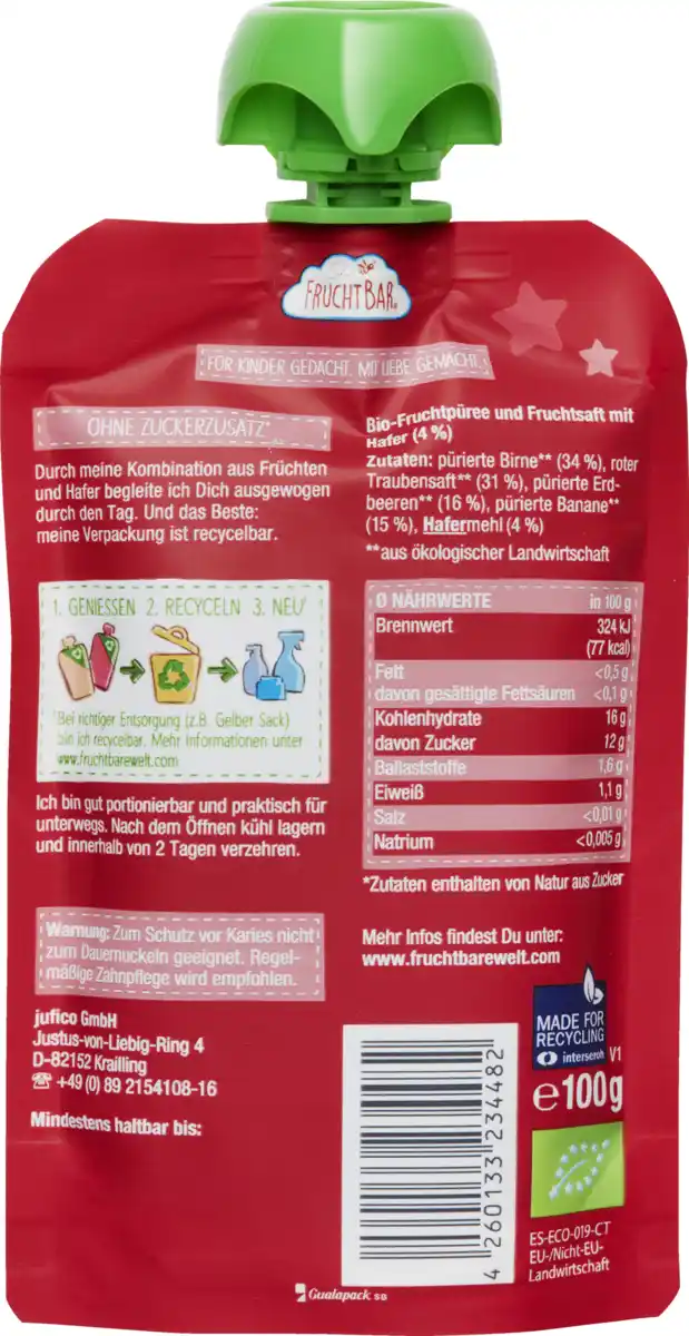 Bild 2 von FruchtBar Bio Fruchtpüree Erdbeere, Birne, Traube, Banane und Hafer, 100 g