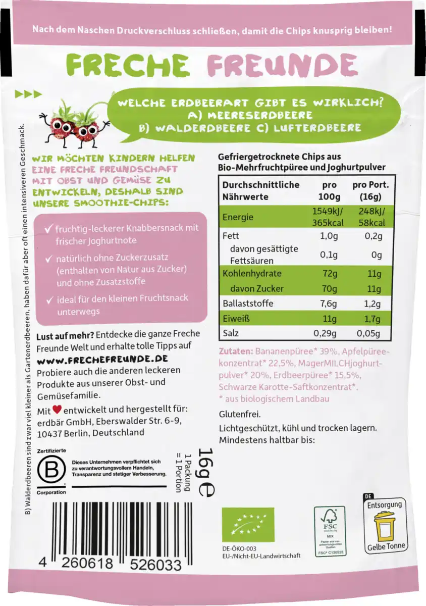 Bild 2 von Freche Freunde Bio Smoothie-Chips Banane, Apfel, Erdbeere mit Joghurt, 16 g