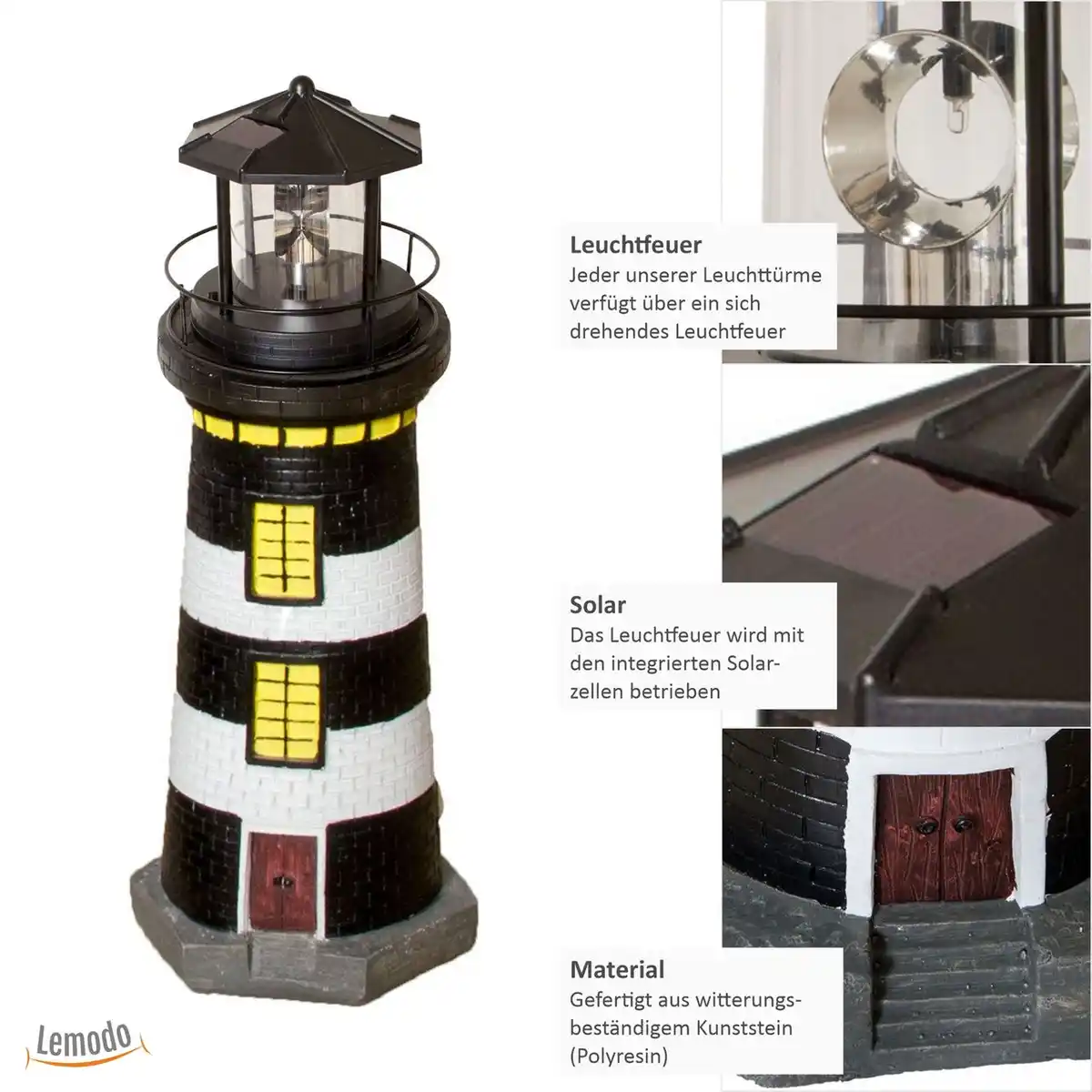 Bild 3 von Gartendeko Leuchtturm mit Solar schwarz/weiß, handbemalte Gartenfigur 37 cm hoch