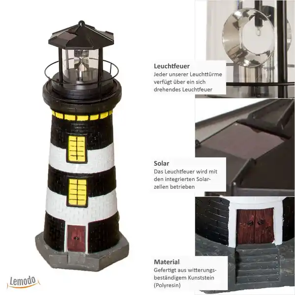 Bild 3 von Gartendeko Leuchtturm mit Solar schwarz/weiß, handbemalte Gartenfigur 37 cm hoch