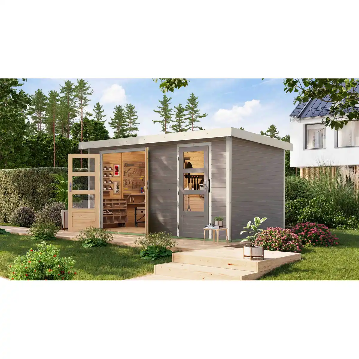 Bild 1 von Karibu Metall-Holzgartenhaus 'Antaris D' Fichtenholz wassegrau Metall weiß 400,5 x 209 x 213,5 cm