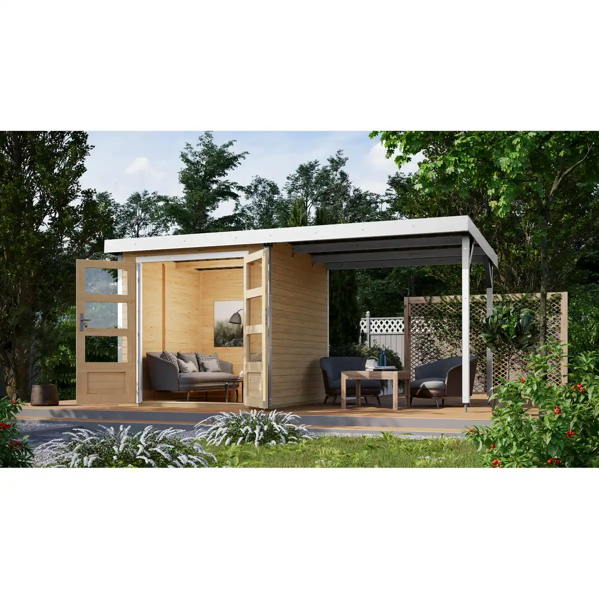 Bild 1 von Karibu Metall-Holzgartenhaus 'Komet A' naturbelassen/weiß, Anbaudach, Doppelflügeltür 453 x 235 x 208,5 cm