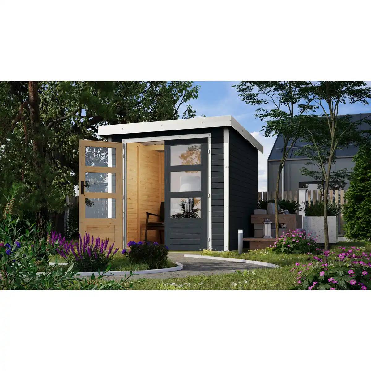 Bild 1 von Karibu Metall-Holzgartenhaus 'Komet C' anthrazit/weiß Doppelflügeltür 228,5 x 235x 208,5 cm