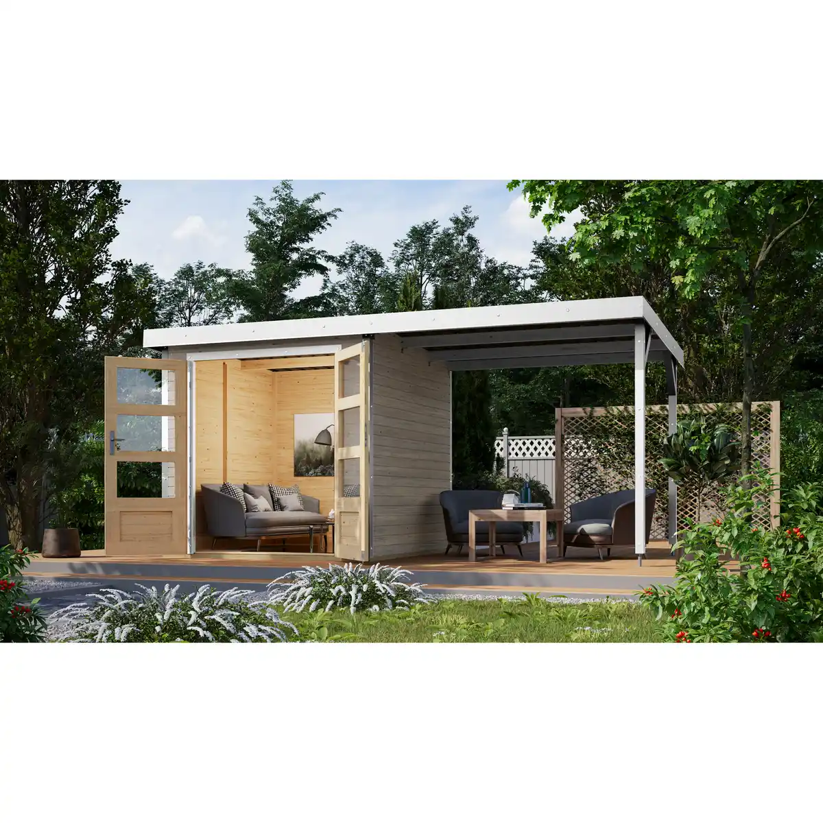 Bild 1 von Karibu Metall-Holzgartenhaus 'Komet D' wassergrau/weiß, Anbaudach, Doppelflügeltür 453 x 235 x 208,5 cm