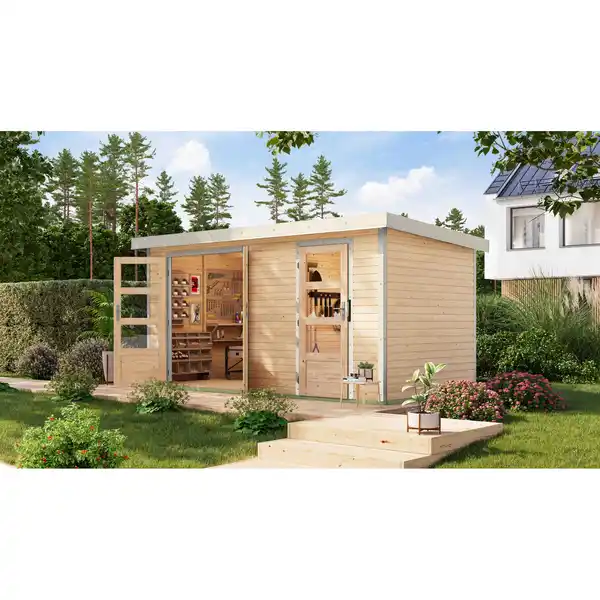 Bild 1 von Karibu Metall-Holzgartenhaus 'Antaris A' Fichtenholz naturbelassen Metall weiß 400,5 x 209 x 213,5 cm