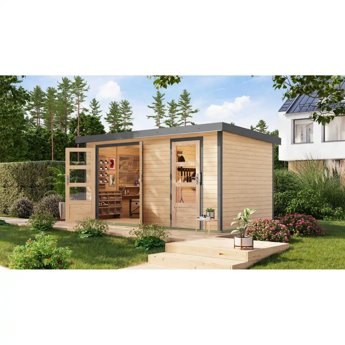 Bild 1 von Karibu Metall-Holzgartenhaus 'Antaris A' Fichtenholz naturbelassen Metall graualuminium 400,5 x 209 x 213,5 cm