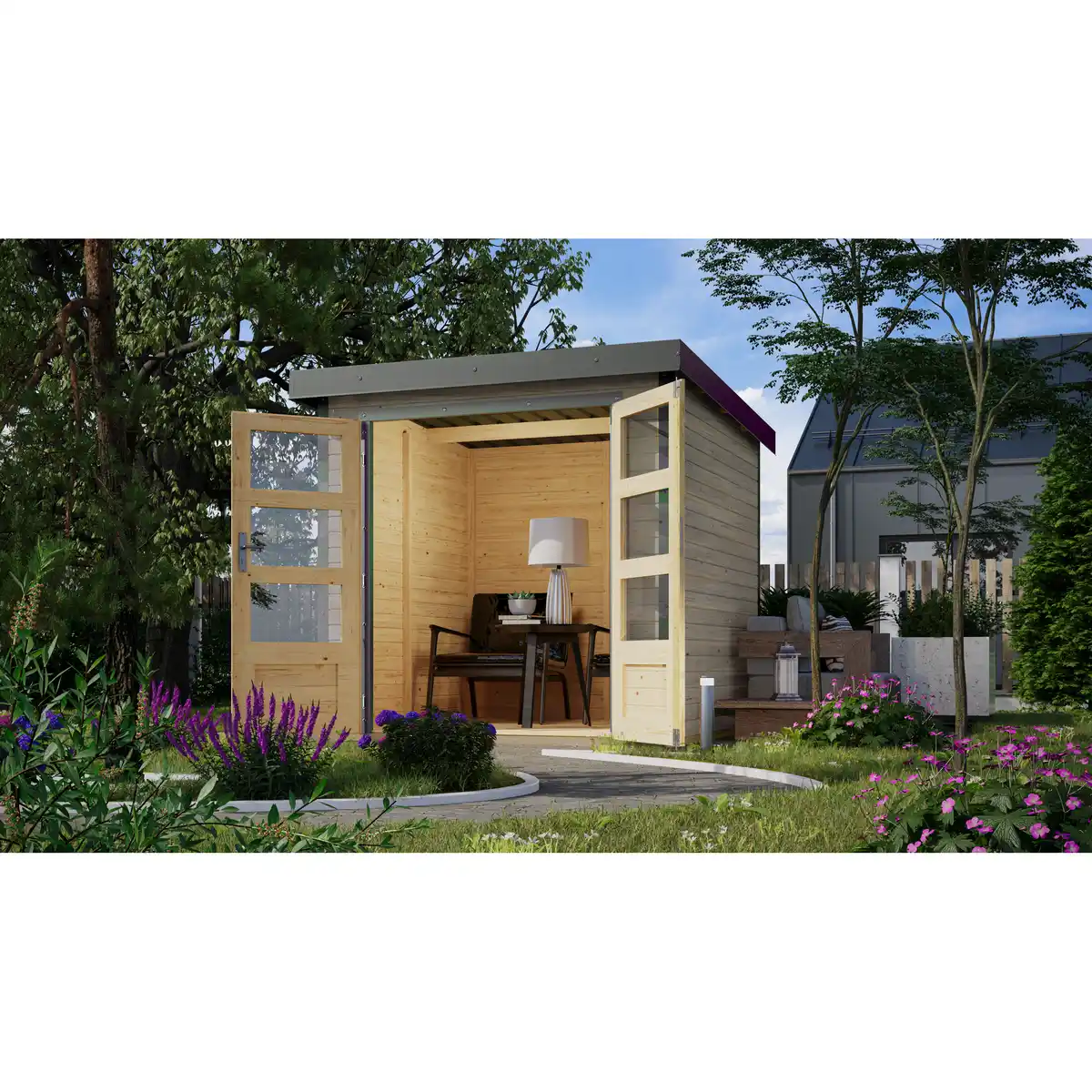 Bild 1 von Karibu Metall-Holzgartenhaus 'Komet 2 D' Fichtenholz wassegrau Metall graualuminium 209 x 208,5 x 213 cm