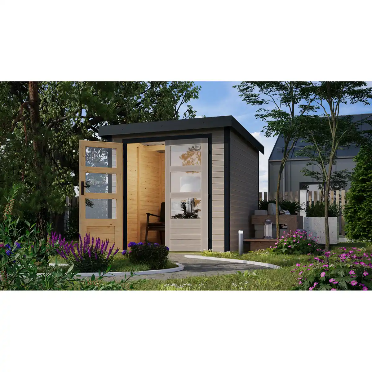 Bild 1 von Karibu Metall-Holzgartenhaus 'Komet D' wassergrau/anthrazit Doppelflügeltür 228,5 x 235x 208,5 cm