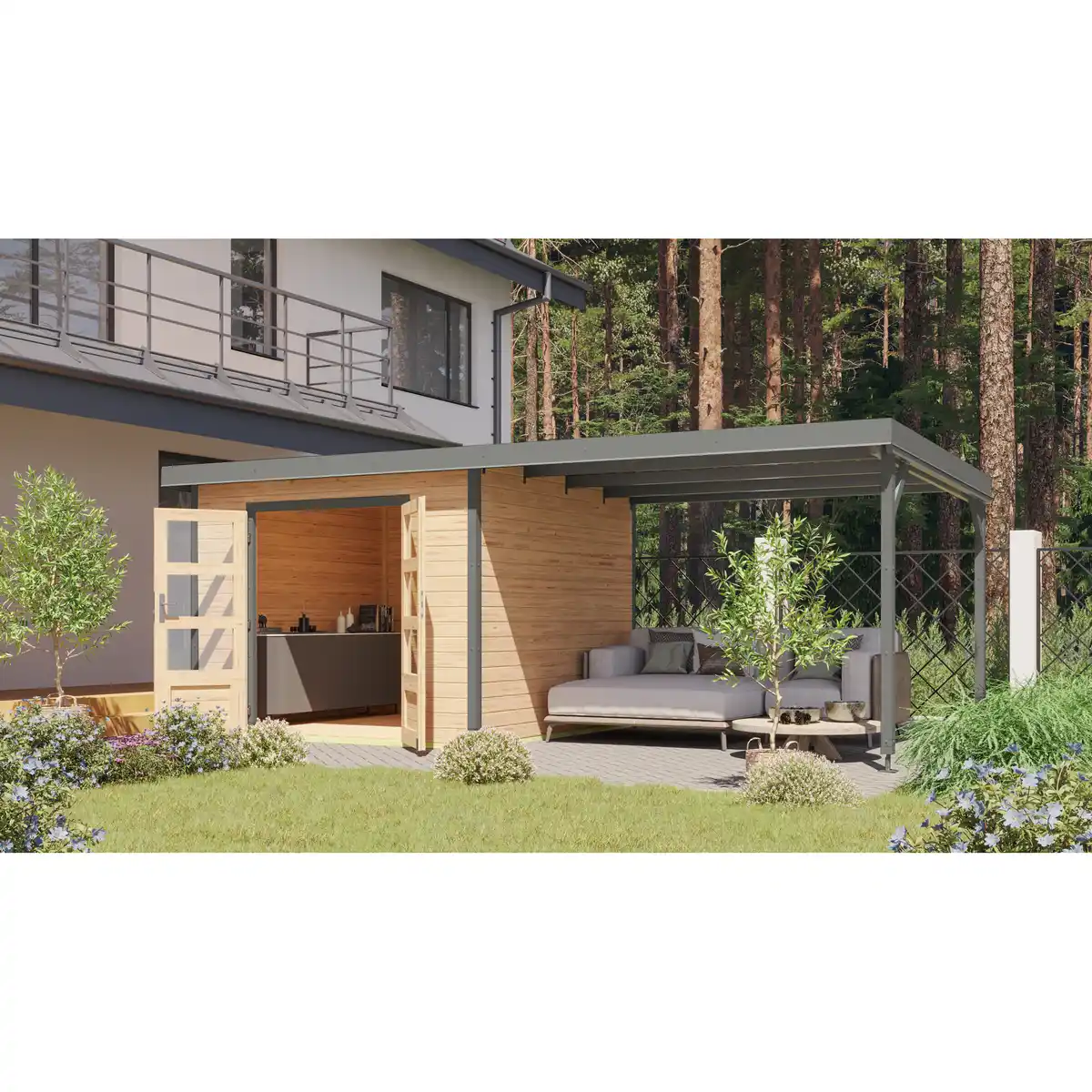 Bild 1 von Karibu Metall-Holzgartenhaus-Set 'Meteor 6 A' naturbelassen / graualuminium 574 x 218,5 x 271 cm