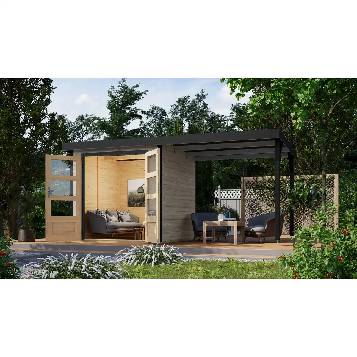 Bild 1 von Karibu Metall-Holzgartenhaus 'Komet D' wassergrau/staubgrau, Anbaudach, Doppelflügeltür 453 x 235 x 208,5 cm