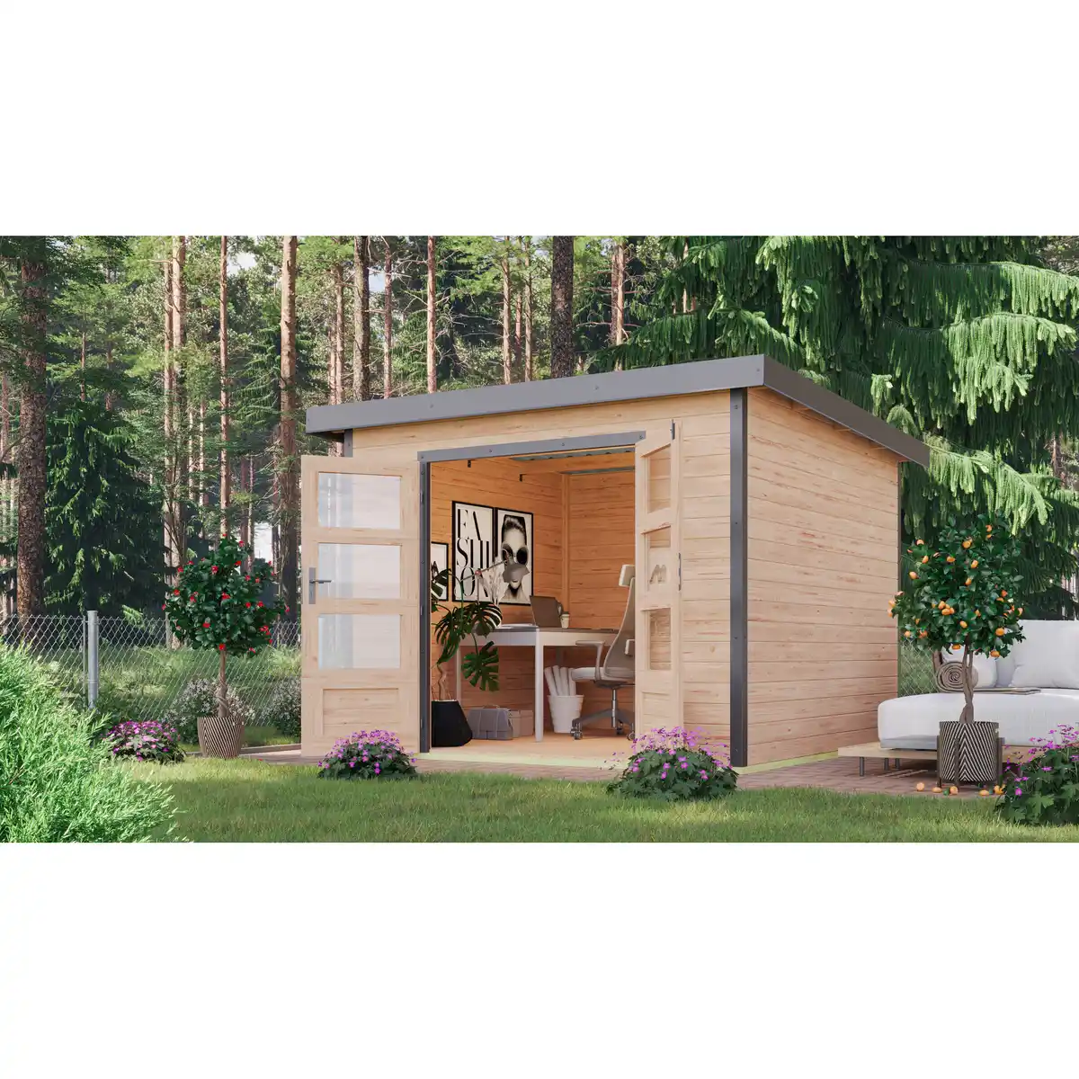 Bild 1 von Karibu Metall-Holzgartenhaus 'Meteor  6 A' Fichtenholz naturbelassen Metall graualuminium 271 x 218,5 x 271 cm