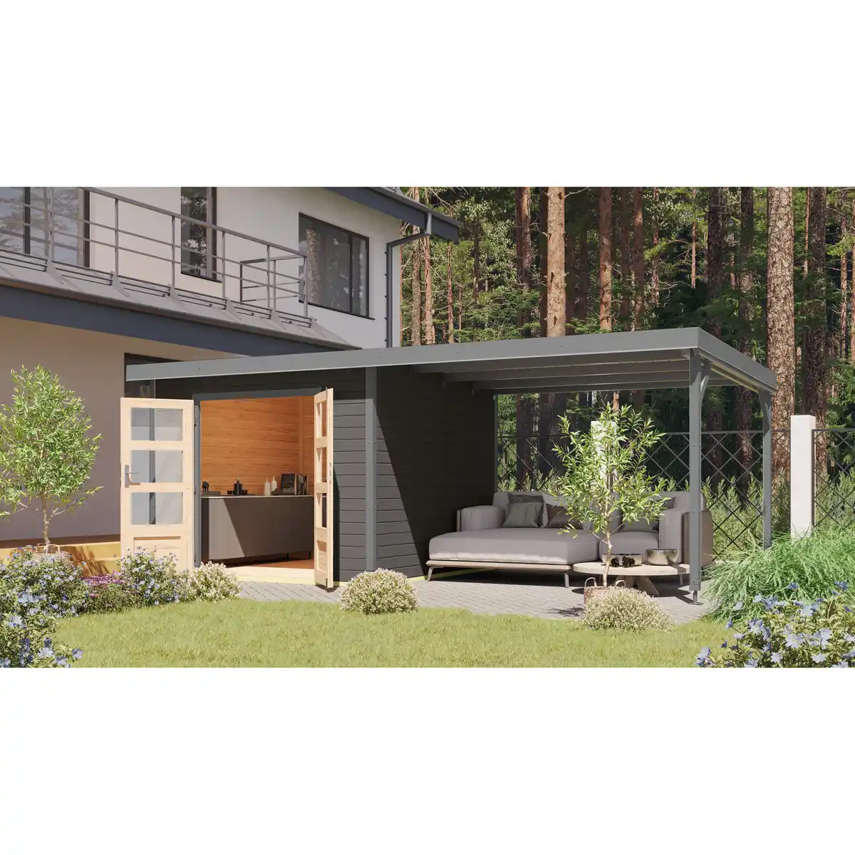 Bild 1 von Karibu Metall-Holzgartenhaus-Set 'Meteor 6 B' Fichtenhoz terragrau Metall graualuminium 574 x 218,5 x 271 cm