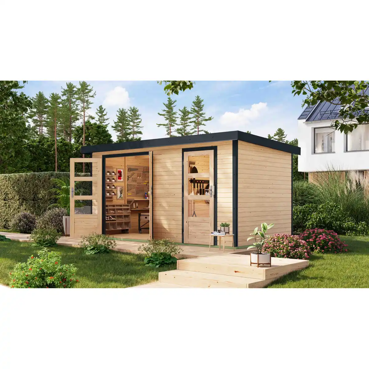 Bild 1 von Karibu Metall-Holzgartenhaus 'Antaris A' Fichtenholz naturbelassen / anthrazit 400,5 x 209 x 213,5 cm