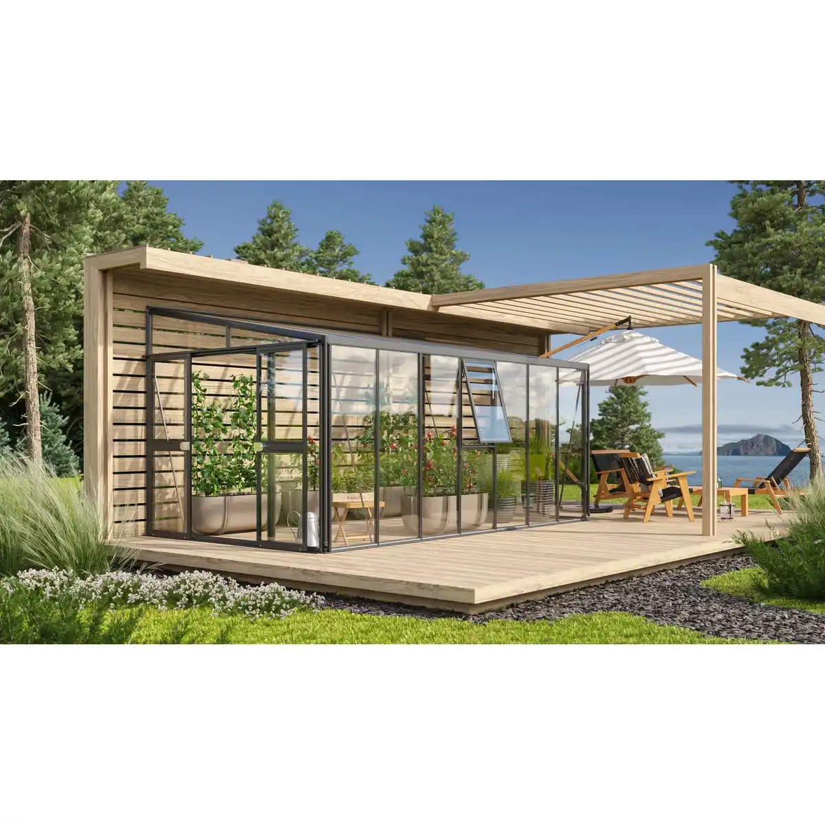 Bild 1 von Vitavia Anlehngewächshaus 'Athena 11900' 267,9 x 469,6 cm mit 3 mm Sicherheitsglas/10 mm Hohlkammerplatten schwarz