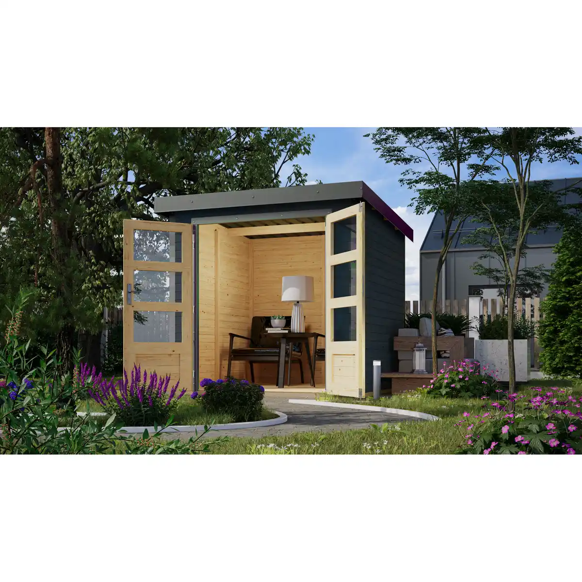 Bild 1 von Karibu Metall-Holzgartenhaus 'Komet 2 C' Fichtenholz anthrazit Metall graualuminium 209 x 208,5 x 213 cm