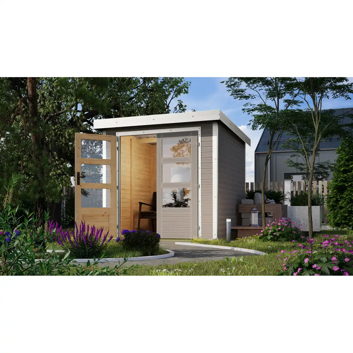 Bild 1 von Karibu Metall-Holzgartenhaus 'Komet D' wassergrau/weiß Doppelflügeltür 228,5 x 235x 208,5 cm