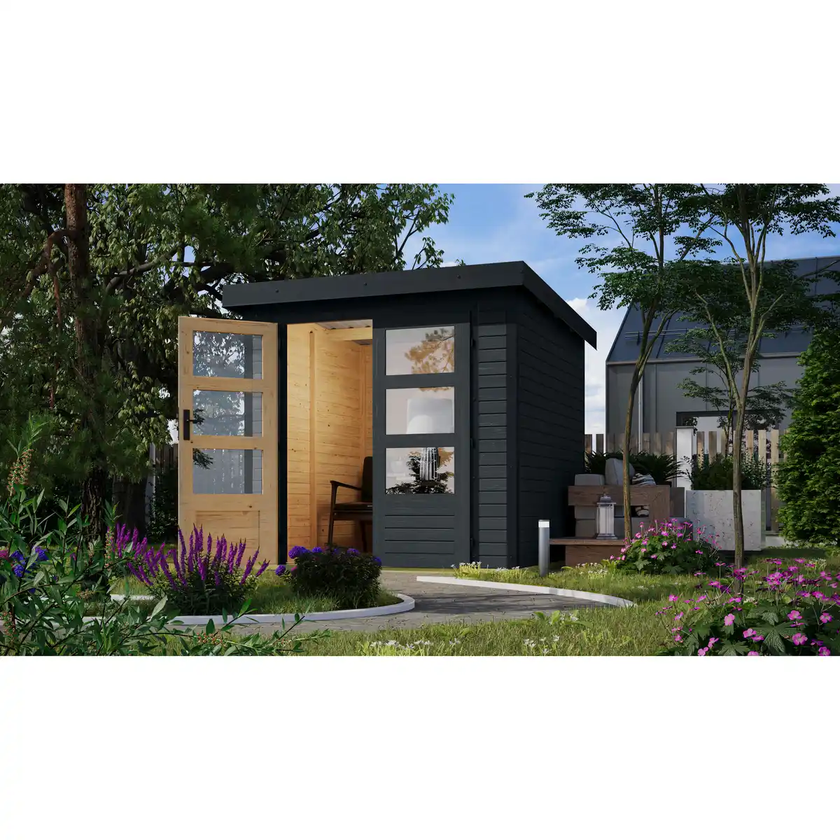 Bild 1 von Karibu Metall-Holzgartenhaus 'Komet C' anthrazit Doppelflügeltür 228,5 x 235x 208,5 cm