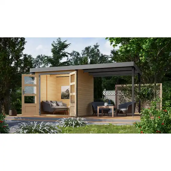 Bild 1 von Karibu Metall-Holzgartenhaus-Set 'Komet 2 A' Fichtenholz naturbelassen Metall graualuminium 438 x 208,5 x 213 cm