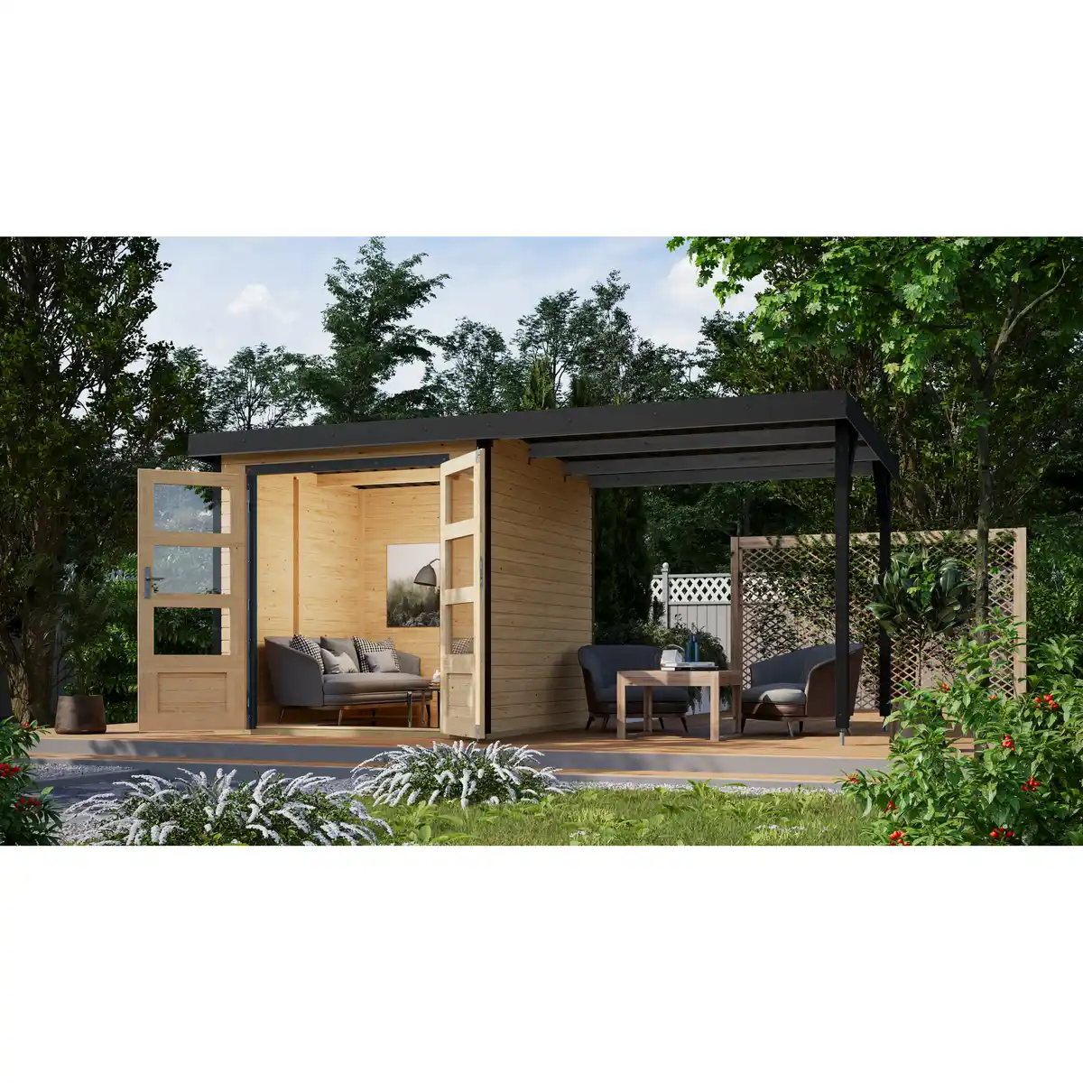 Bild 1 von Karibu Metall-Holzgartenhaus 'Komet A' naturbelassen/anthrazit, Anbaudach, Doppelflügeltür 453 x 235 x 208,5 cm
