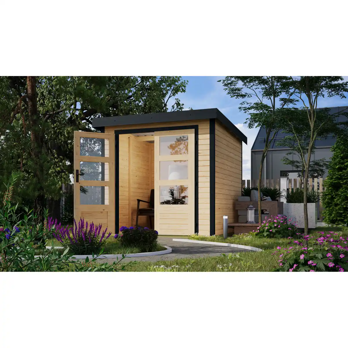 Bild 1 von Karibu Metall-Holzgartenhaus 'Komet A' naturbelassen/anthrazit Doppelflügeltür 228,5 x 235x 208,5 cm