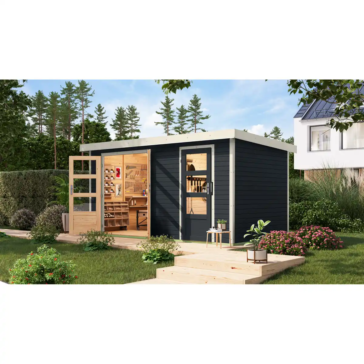 Bild 1 von Karibu Metall-Holzgartenhaus 'Antaris C' Fichtenholz anthrazit Metall weiß 400,5 x 209 x 213,5 cm