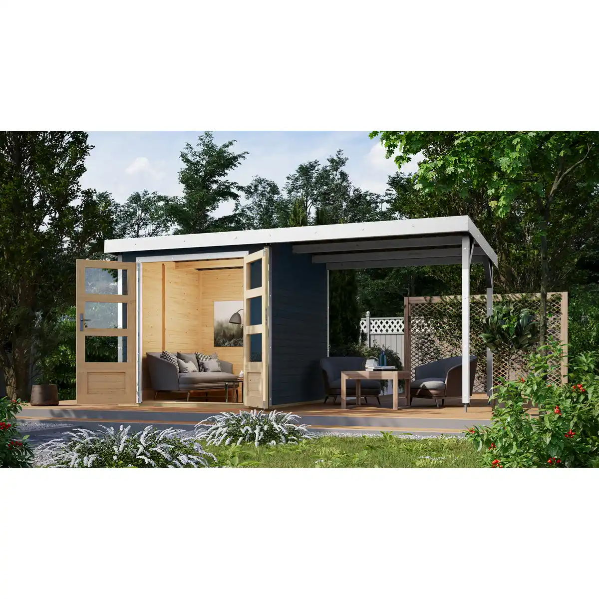 Bild 1 von Karibu Metall-Holzgartenhaus 'Komet B' terragrau/weiß, Anbaudach, Doppelflügeltür 453 x 235 x 208,5 cm