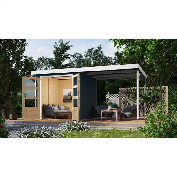 Bild 1 von Karibu Metall-Holzgartenhaus 'Komet B' terragrau/weiß, Anbaudach, Doppelflügeltür 453 x 235 x 208,5 cm