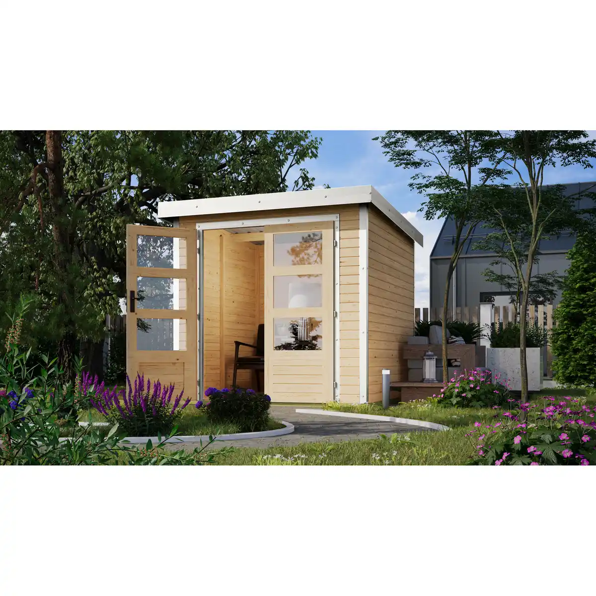 Bild 1 von Karibu Metall-Holzgartenhaus 'Komet A' naturbelassen/weiß Doppelflügeltür 228,5 x 235x 208,5 cm