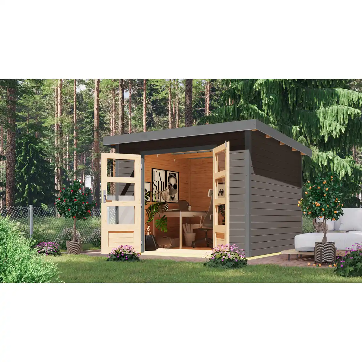 Bild 1 von Karibu Metall-Holzgartenhaus 'Meteor 6 B' Fichtenholz terragrau Metall graualuminium 271 x 218,5 x 271 cm