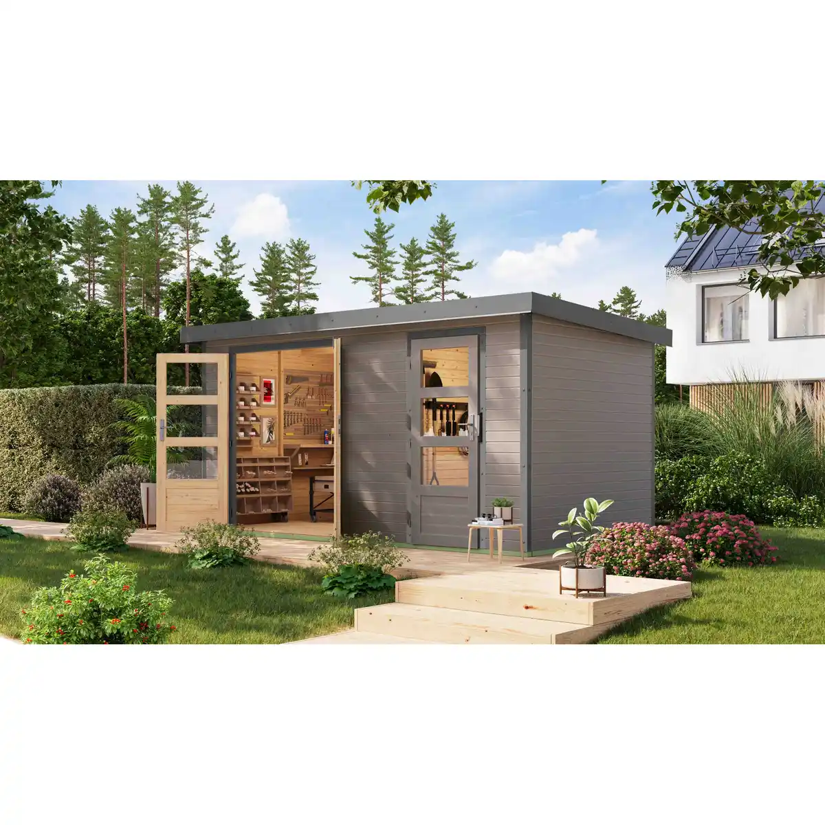 Bild 1 von Karibu Metall-Holzgartenhaus 'Antaris D' Fichtenholz wassergrau Metall graualuminium 400,5 x 209 x 213,5 cm