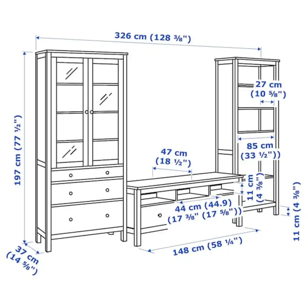 Bild 4 von HEMNES TV-Möbel, Kombination, weiß gebeizt/hellbraun Klarglas 326x197 cm