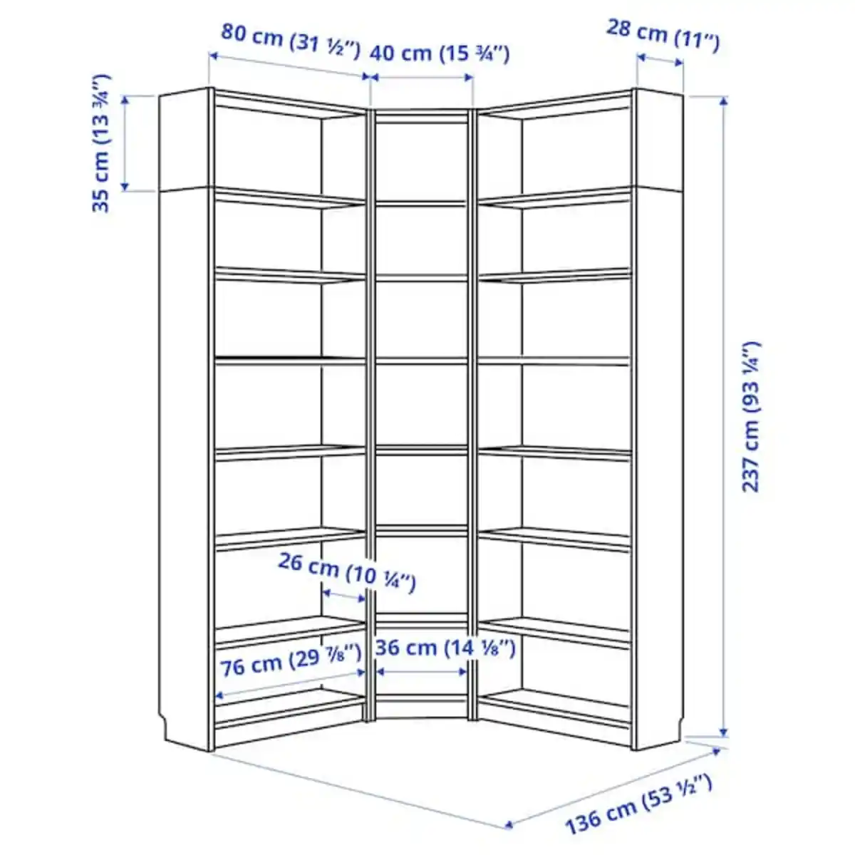Bild 3 von BILLY Regaleckkombination mit Aufsätzen, weiß 136/136x28x237 cm