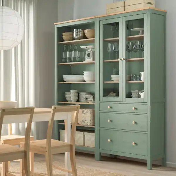 Bild 2 von HEMNES Aufbewkomb.+Türen/Schubladen, graugrün/hellbraun lasiert 180x197 cm