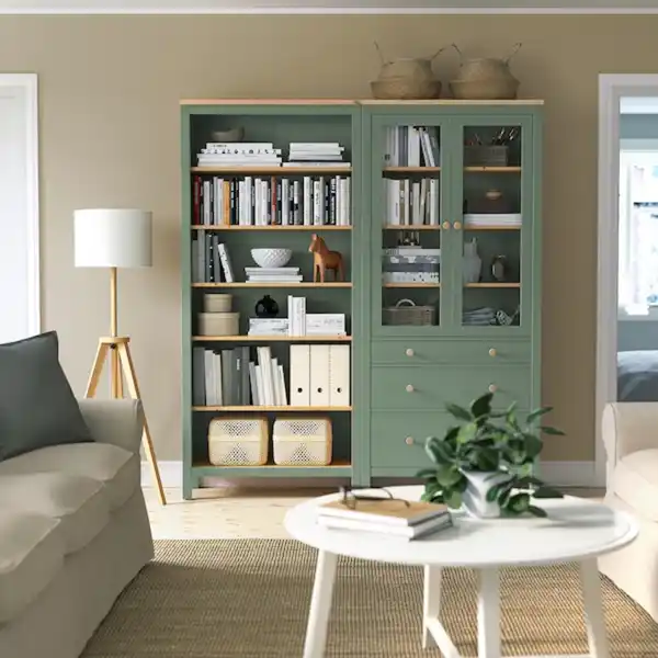 Bild 3 von HEMNES Aufbewkomb.+Türen/Schubladen, graugrün/hellbraun lasiert 180x197 cm