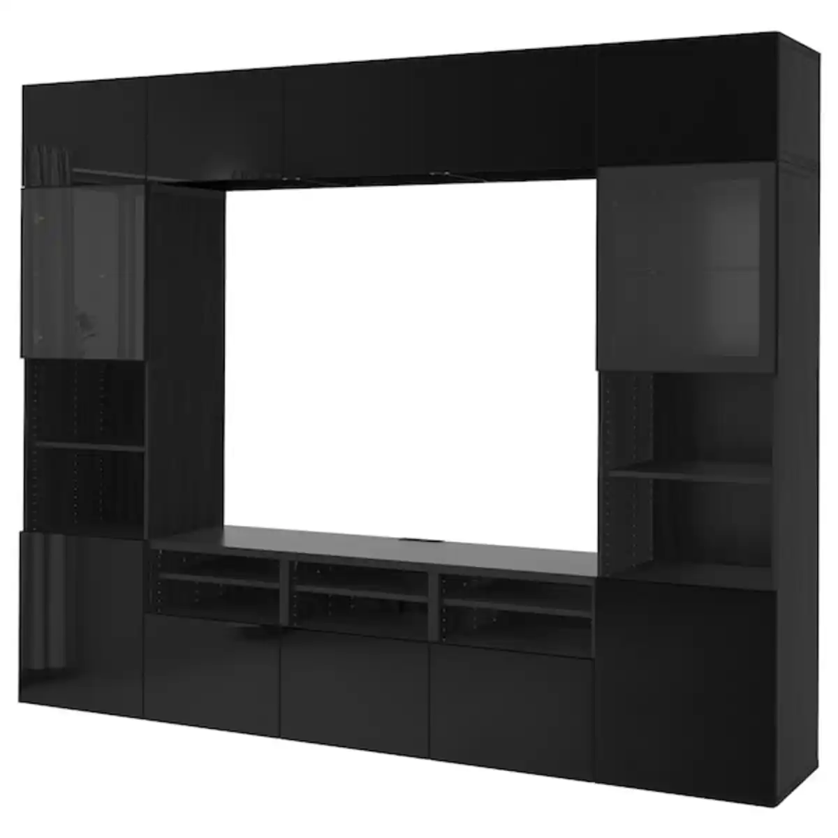 Bild 1 von BESTÅ TV-Komb. mit Vitrinentüren, schwarzbraun/Selsviken Hochglanz/Klarglas schwarz 300x42x231 cm