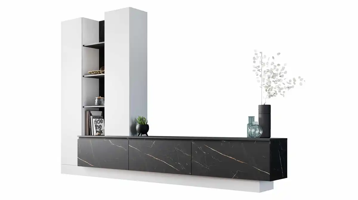 Bild 1 von Wohnwand weiß - Marmoroptik 295 cm Anbauwand - MODATO