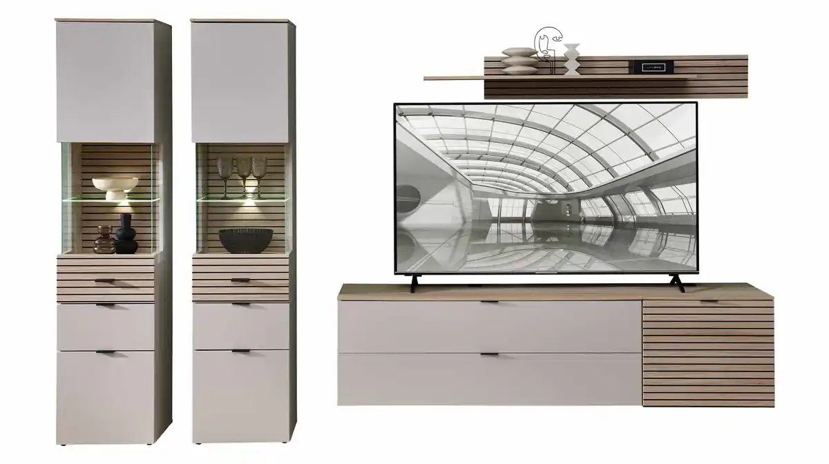 Bild 1 von Wohnwand beige - Riva Eiche 320 cm LED-Beleuchtung - INA