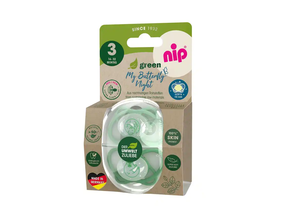 Bild 1 von nip®Schnuller My Butterfly Night Green Silikon Größe 3 (16-32 Monate), 2 Stk