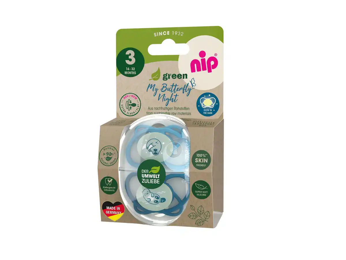 Bild 1 von nip®Schnuller My Butterfly Night Green Silikon Größe 3 (16-32 Monate), 2 Stk