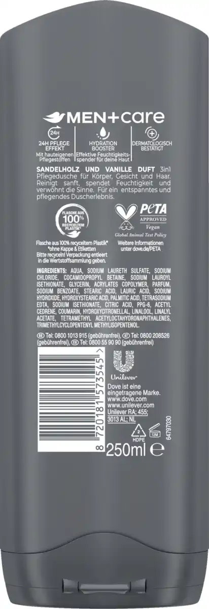 Bild 2 von Dove Men+Care 3in1 Pflegedusche Sandalwood + Vanilla, 250 ml