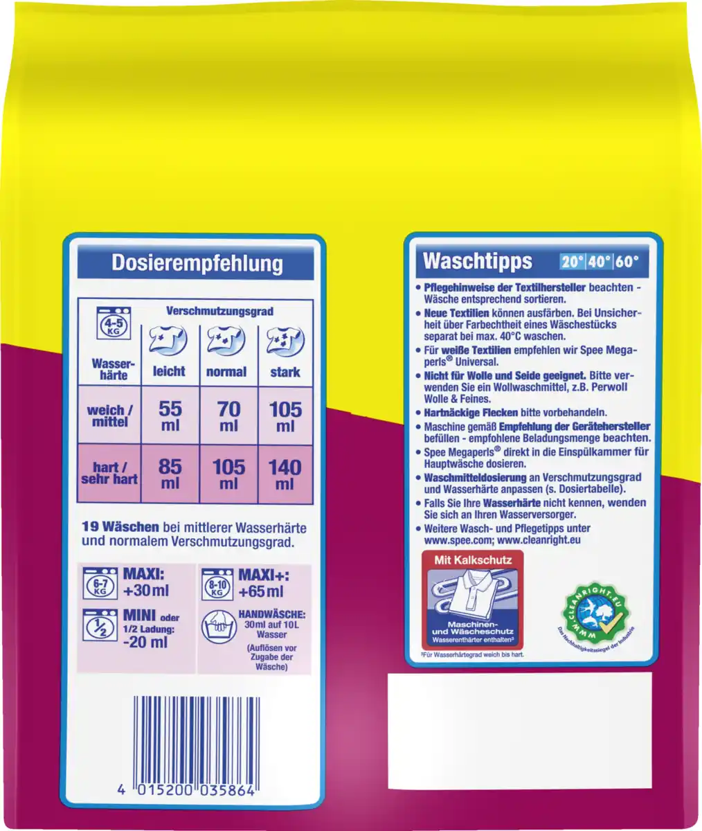 Bild 4 von Spee 4in1 Colorwaschmittel Megaperls Pulver 19WL, 19 WL