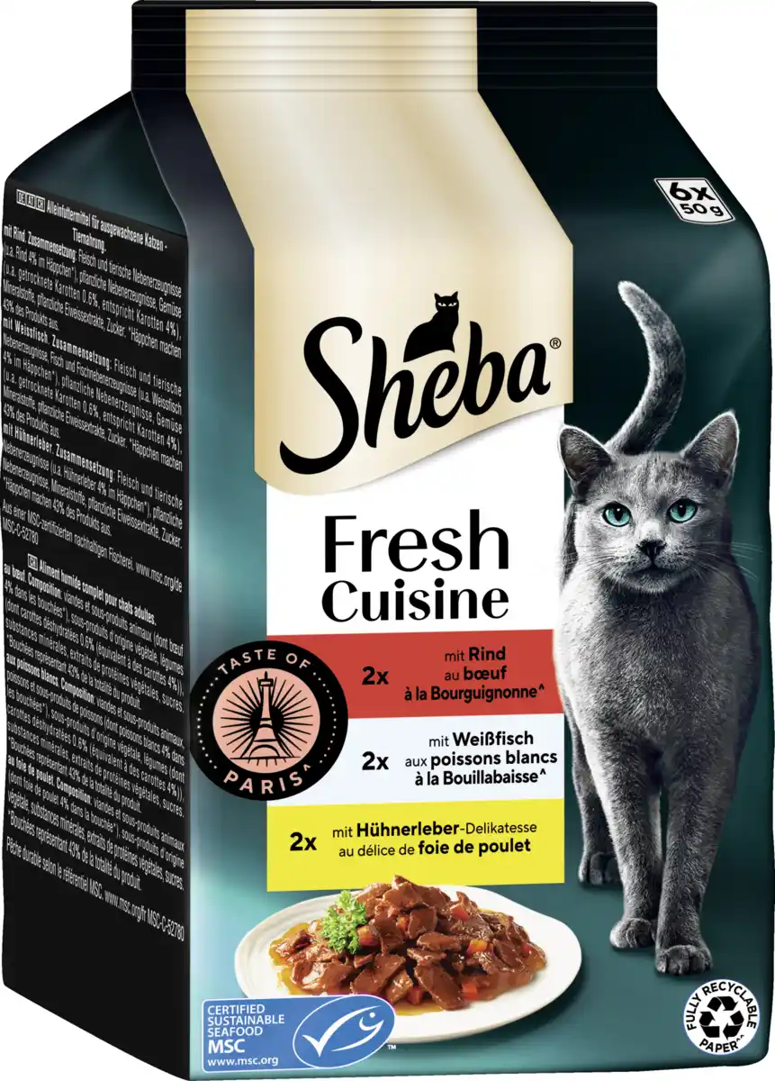 Bild 2 von Sheba Fresh Cuisine Taste of Paris Multipack Portionsbeutel Rind Weissfisch MSC Hühnerleber, 300 g