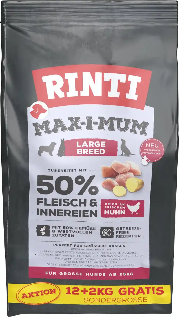 Bild 1 von Rinti Max-i-mum Hundetrockenfutter Adult getreidefrei 12 + 2 kg Fleisch & Innereien